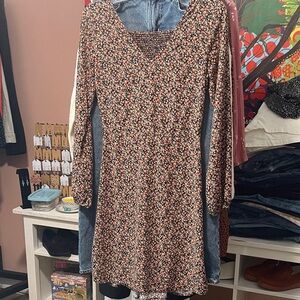 Old Navy Black Floral Long-Sleeve Smocked-Neck Dress